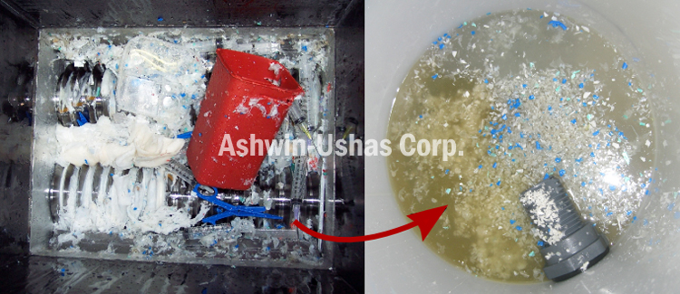 Photos of typical medical waste before (left) and after (right) going through shredder component of Remediator, prior to microwave remediation.